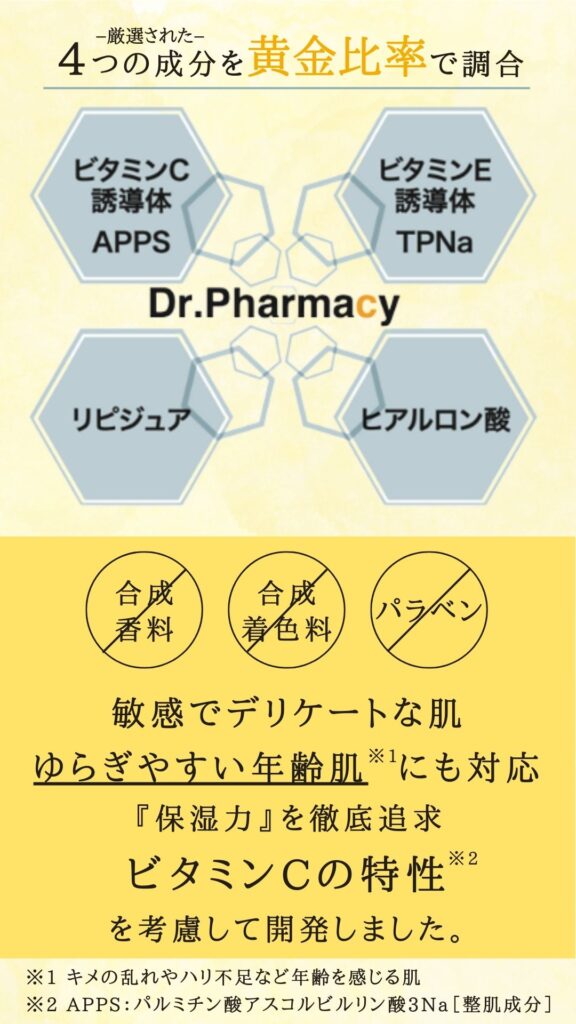 【Dr.Pharmacy】厳選された4つの成分を黄金比率で調合。敏感でデリケートな肌、ゆらぎやすい年齢肌にも対応。「保湿力」を徹底追求し、ビタミンCの特性を考慮して開発しました。